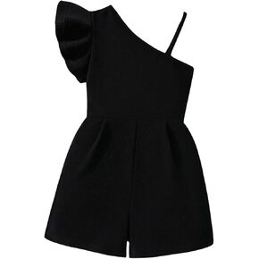 WDIRARA Girl's Asymmetrical Neck Layered Ruffle Cap Sleeve Jumpsuit Wide Leg Romper Shorts