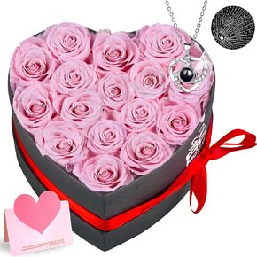 Preserved Flowers，16 Piece Forever Roses Heart Shaped Box with Necklace，Gifts for women，Girlfriend, Mom, Wife on Valentine's Day, Mother's Day, Birthday, Anniversary, Thanksgiving, Christmas