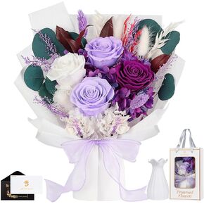 Preserved Flowers Bouquet 4 Roses - Purple Roses & Flowers for Delivery, Long-Lasting Real Roses Forever, Eternal Roses Bouquet for Mothers, Mom, Wife Anniversary Birthday Gifts for Women