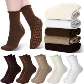 10 Pairs Pilates Socks with Grips for Women Cute Yoga Non Slip Ruffle Ballet Turn Cuff Crew Frilly Athletic Socks for Fitness Workout Casual 5 Colors