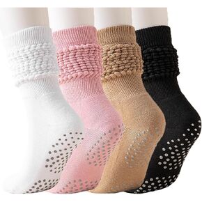 4 Pairs Pilates Yoga Socks with Grips for Women, Non Slip Long Slouch Sock, Barre Workout Hospital Socks