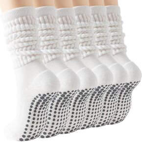HOTIAN Women Pilates Socks with Grip, 3 Pairs Non Slip Yoga Long Scrunch Slouch Socks for Barre Ballet Workout Hospital