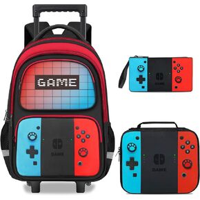 Gamer Rolling Backpack for Boys - 3PCS Boys Rolling Backpack With Lunch Box and Pencil Case for Kids Children Teens Elementary Middle School,HFHTDC Roller Bookbag With Wheels for Aged 6-18