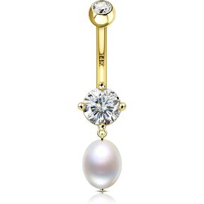 COCHARM 14K Yellow Gold Belly Button Rings Dangling Freshwater Pearl Real Gold Belly Navel Rings 14K Gold Belly Navel Piercing Jewelry Dangly