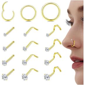 LOYALLOOK 15Pcs Nose Rings Studs-316L Surgical Steel Gold Nose Rings for Women Men Hypoallergenic L Shape/Corkscrew/Straight Nose Studs Hinged Clicker Segment Nose Rings Hoops 18G 20G Nose Piercing Jewelry