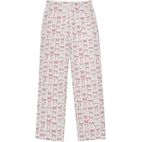 Pfrewn Girls Pajama Pants Pink Ribbon Bow Doidle Kids Casual Comfy Lounge Sleepwear Bottoms مع جيوب ، L.