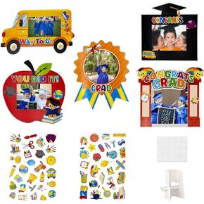 Aunthvra Kindergarten Graduation Picture Frame Crafts Kits 2025 Congrats Grad Photo Frame with Apple Bus Stickers DIY Photo Props for Graduation Gifts Party Decorations