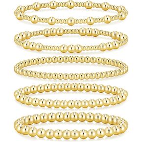 Dodder Gold Beaded Bracelets Set for Women, 14K Gold Plated Elastic Stretch Bead Bracelet Stack 5 Pcs 6"-7.5"