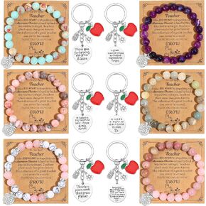SONNYX 12PCS Teacher Appreciation Gifts for Women Men 8MM Natural Stone Bracelet Key Chains for Teacher Gifts