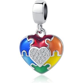 Puzzle Piece Autism Awareness Enamel ASD Heart Bead Charms Compatible with Pandora Charm Bracelet Necklace for Women