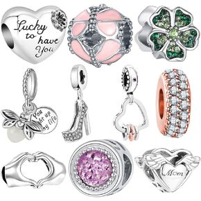 10 Pack Silver Bead Charms for Pandora Bracelets and Necklaces Charm for Woman Cubic Zirconias Dangle Pendant Jewelry Beads Set Heart Firefly Butterfly