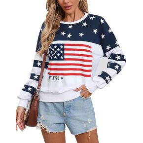 Womens USA Sweatshirt, Long Sleeve Crewneck Pullover with American Flag & Stripes Star Print - Casual Top