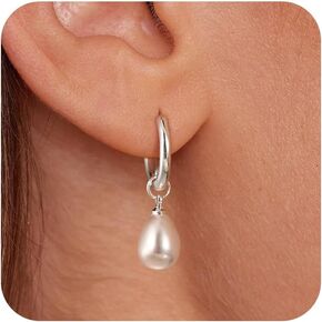 Gold Pearl Dangle Earrings for Women, 14K Gold Plated Small Pearl Drop Huggie Hoop Earrings, Hypoallergenic Dainty Gold Earrings Wedding Jewelry Gifts for Women Trendy