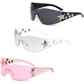 3 Pcs Y2K Sunglasses for Women Men, Trendy Shield Wrap Around Sun Glasses, Rimless Star Sunglasses Oversized Glasses Shades for Camping Cycling Driving Shopping Outdoor