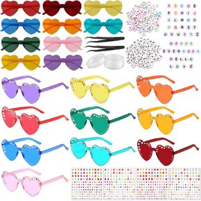 1323 PCS Kids Sunglasses DIY KIT تشمل 30 زوجًا من نظارات شمسية DIY على شكل قلب 600 PCS حبات عشوائية 688 ملصقات الماس الأكريليك 2 ملاقط 3 لفات 10M Stringy