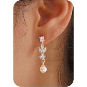 Pearl Earrings-14K Gold Plated Dainty Pearl Drop Simple Wedding CZ Dangle Dangling Cute Stud Earrings for Brides Earrings for Women Gifts in Kuwait