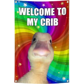 Welcome to My Crib Funny Flags Duck 2x3 Feet Bedroom Wall Art Tapestry for Family Dormitory Living Room With Four Brass Buckle Holes (YELLOW)