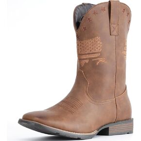 IUV Cowboy Boots For Men Square Toe Western Retro Boot Durable Classic Fashionable Embroidered Pull On Slip Resistant Boots