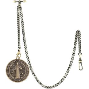SIBOSUN Pocket Watch Chain St Benedict Exorcism Medal Men's Stainless Steel Catholic Roman Cross Demon Protection Ghost Hunter Religion Jewelry Talisman Pendant Bronze