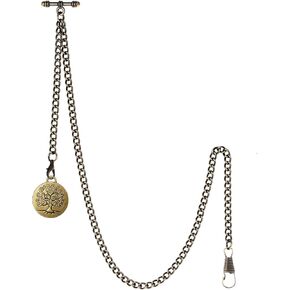 Men's Double Albert Chain Pocket Watch Curb Link Key Chain 2 Hooks with Antique Life Tree Pendant Design Charm Fob T Bar