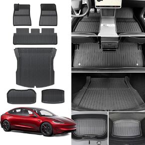 Tesla Model Y Floor Mats for 2025 2021-2024, 9PCS All Weather Full Set Cargo Liners Accessories, 3D TPE Odorless Floor Mat Trunk Frunk Rear Well Mats Custom for 5-Seater(Not Fit 7Seat & Juniper)