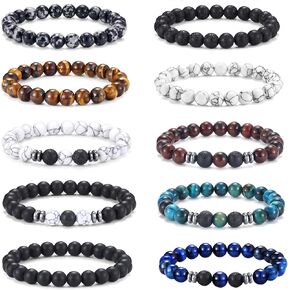 FIRAZIO 10 Pcs Tiger Eye Bracelet For Men 8MM Natural Stone Beads Bracelet Set Stretch Lava Rock Bracelets Adjustable Black Crystal Beaded Bracelet for Men Women Gifts