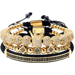 GVUSMIL Luxury CZ Imperial Gold Crown Bracelets Set King Royal Style with 8mm Zirconia Beads Braided Pulseira Bangle Charm Jewelry for Men