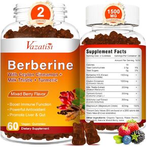 2 Pack 1500mg Berberine Gummies, High Potency Berberine Supplement with Ceylon Cinnamon Gummies, Turmeric, Magnesium, Sugar Free, Non-GMO, Gluten-Free - Mixed Berry Flavored 120 Gummies