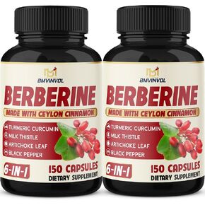 2 Pack Berberine HCl- Plus Ceylon Cinnamon, Turmeric, Milk Thistle, Artichoke, Black Pepper, Berberine HCI Root Supplements Pills - Immune System