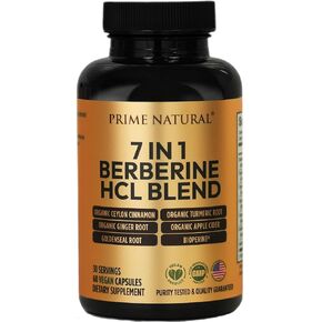 PRIME NATURAL Berberine HCl 600mg Organic Ceylon Cinnamon 400mg Organic Turmeric 200mg Organic Ginger 130mg Organic Apple Cider Vinegar 65mg Goldenseal Root 6.5mg Bioperine 3mg | 60 Capsules