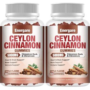 2 عبوات Ceylon Cinnamon Gummies مع مكملات Ceylon Cinnamon & Cassia - صحة الدماغ ومفاصل الحماية ، نباتي ، غير وكراتيرد الكائنات المعدلة وراثيًا ، مجانية ، نكهة التفاح ، 120 غومين.