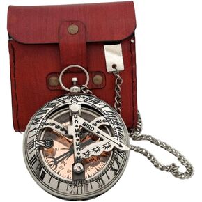 Vintage Brass Sundial Compass with Leather Case - Antique Brass & Copper Sun Clock for Camping, Hiking, Touring - Engraved Gift for Him - Silver Large Compass Viking Pendant Necklace for Men