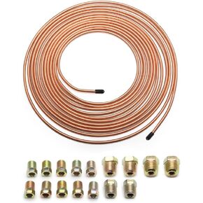 25Ft Brake Line Kit - 3/16 Zinc Plated Copper Brake Line Tubing -16 Inverted Flare Brake Line Fittings - Universal Copper Coil Brake Line Repair Kit for Car,Home,Industrial (Gold)