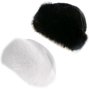 Women's Faux Fur Hat for Winter, Faux Fur Cossak Russian Style Hat Warm Cap, Ladies Winter Warm Hat for Travel Skiing Hiking Home White,Black