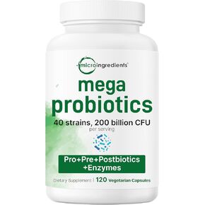Mega Probiotics 200 Billion CFU, 120 Veggie Capsules | 40 Strains with Inulin, Acacia, Bromelain, Papain, & More | Max Potency Synbiotic & Enzyme Complex | Supports Gut & Digestive Health