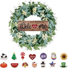 SY Super Bang Wreaths for Front Door, 18Inch Artificial Green Eucalyptus Wreath with Interchangeable Seasonal Welcome Sign, for Porch Home Farmhouse Spring Summer Outdoor Decor