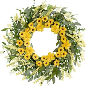 Spring Wreath 22 Inch Spring Wreaths for Front Door Artificial Summer Wreath with Yellow Daisy Green Eucalyptus Leaves Lavender for Home Wall Farmhouse Porch Springtime Easter Holiday