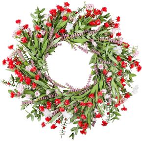 26"Spring Wreaths for Front Door Artificial Floral Wreath with Wildflowers Portulaca CHEAWRTZ Summer Easter Decorations for Indoor Outdoor Window Wall Farmhouse Porch Home Decor Cherry Red Pink White