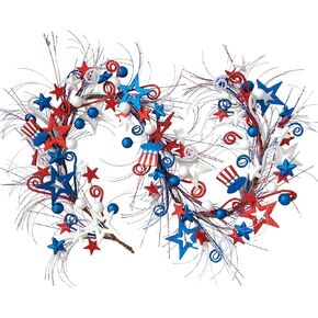 Bibelot 20in Red White Blue Artificial Floral Twig Wreaths American Flag Wreath Patriotic Decorations Wreaths 4th of July Independence Day Flag Day Hanging Decoration