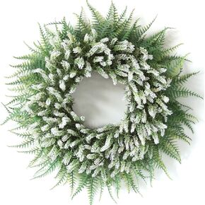 26" Boston Ferns & Monkey Grass Wreath for Front Door, Porch, Window - Large Artificial Greenery Outdoor Wreath for Home, Farmhouse Decor - Spring, Summer, Fall, All Seasons (White & Green)