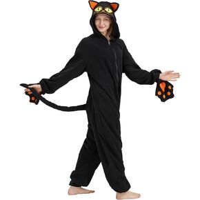 Black Cat Onesie Costumes for Adults with Hood and Cat Paw Covers Halloween Costume One-Piece Cosplay