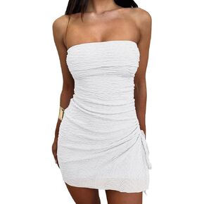 GOKATOSAU Women's Floral Strapless Fold Over Neckline Split Drawstring Bodycon Ruched Mini Dress