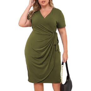 Nemidor Plus Size Dresses for Curvy Women Summer Casual Wrap Bodycon Midi Short Sleeve Pleated Dress 14-26