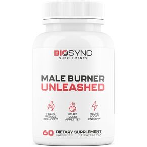 BioSync - Male Burner UNLEASHED | Fat Burner for Men Weight Loss Pills | Appetite Suppressant, Carb Blocker, Energy Booster | 6 Ultra Dosed Powerful Ingredients | Safe 3rd Party Tested - 60 Capsules