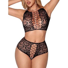 Avidlove Womens Fishnet Lingerie Set Sexy Two Piece Lingeries Hollow Out Stripper Outfit Heart Print Mesh Crop Tops in Saudi Arabia