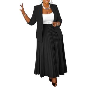 Women's Plus Size 2 Piece Outfits Casual Open Front Blazer and High Waist Pleated Maxi Skirt Sets Business Suits in Kuwait