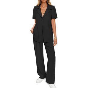 ZESICA Women's 2025 Casual 2 Piece Outfits Short Sleeve Blazer Jacket and Wide Leg Pants Loose Business Suit Sets