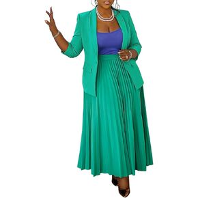 Women's Plus Size 2 Piece Outfits Casual Open Front Blazer and High Waist Pleated Maxi Skirt Sets Business Suits
