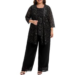 Women's Plus Size Lace Mother of The Bride Pant Suits 3Pcs Wedding Formal Outfit Set Evening Party Gown