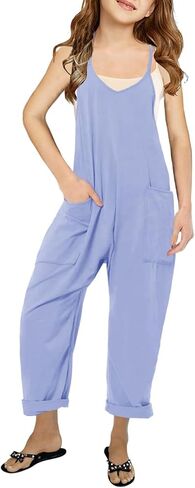 viehunt Girls Casual Loose Fit Modal Jumpsuits Spaghetti Strap Sleeveless Summer 2025 Fashion Solid Romper with Pockets in Saudi Arabia